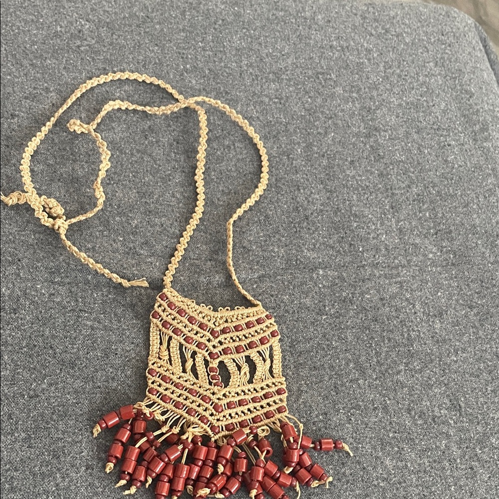 Vintage Handmade Hemp Macrame Red Beaded Necklace